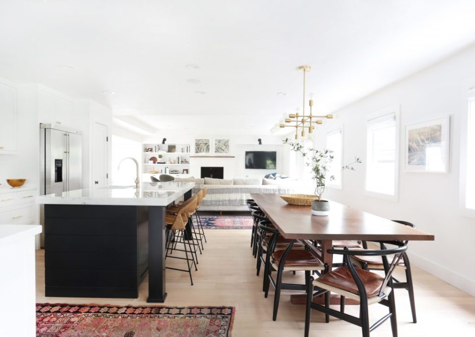 kitchen dining room combo, vintage runners , brass chandelier 