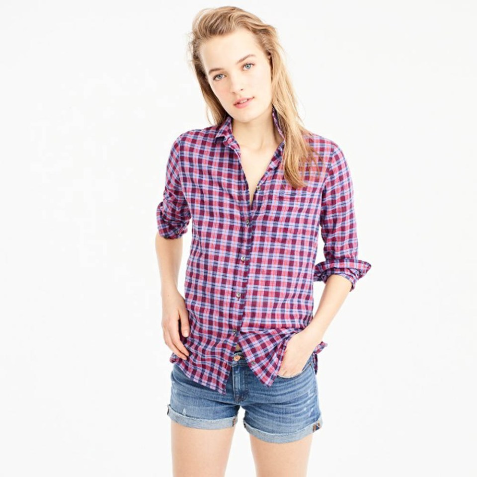 Alaskan Cruise Packing Tips: Pack layers of clothing for you and your family. J Crew Women's purple boy fit plaid shirt 