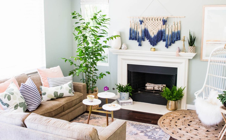 Stunning summer interior refresh - summer pillows from studio megee on neutral sofa with target coffee table and rug