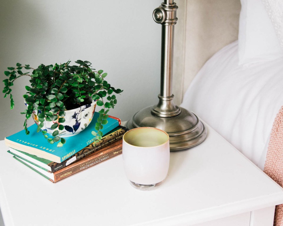 target bedside table, pottery barn lamp, glassy baby , anthropologie bowl 