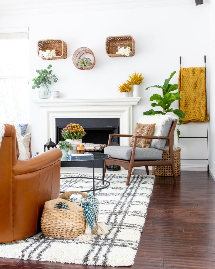 fall family room decor Walmart target mid century modern baskets on wall