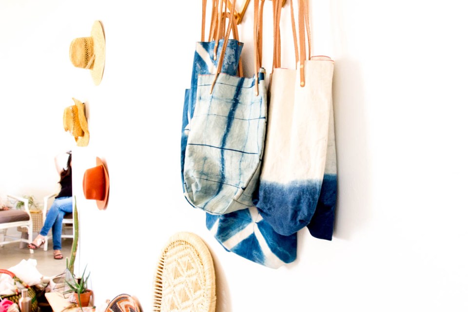 Desert inspired wall hooks shibori dye tote bags hats