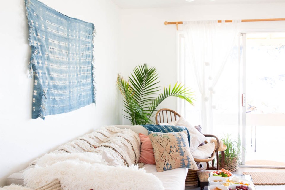 boho indigo wall hang living room desert look