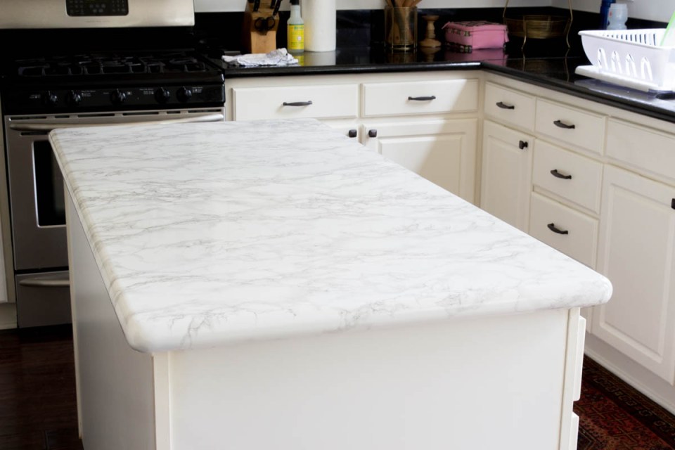 kitchen island faux marble contact paper DIY