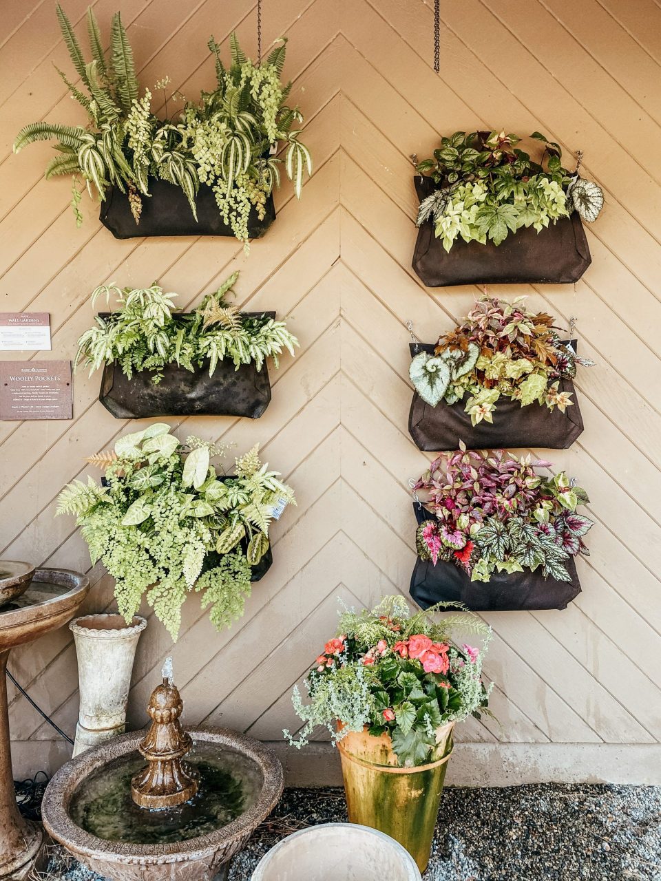 Hanging planters in the nursery, featuring several plant combinations in leafy greens and bright florals 