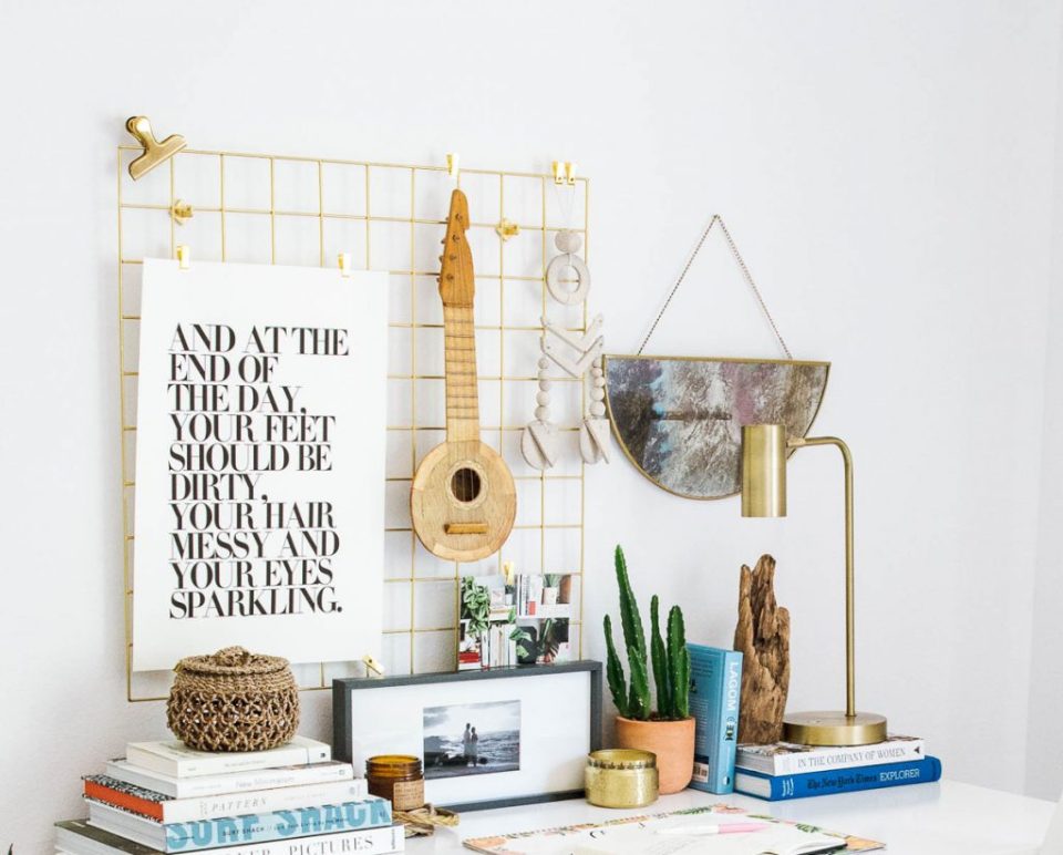 urban outfitters metal grid, ukulele, target brass lamp