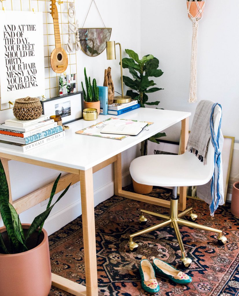 room and board moda desk, crate and kids desk chair, vintage rug, the sill