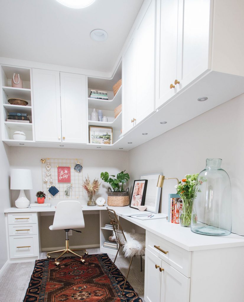 white cabinets brass hardware vintage rug Velux sun tunnel