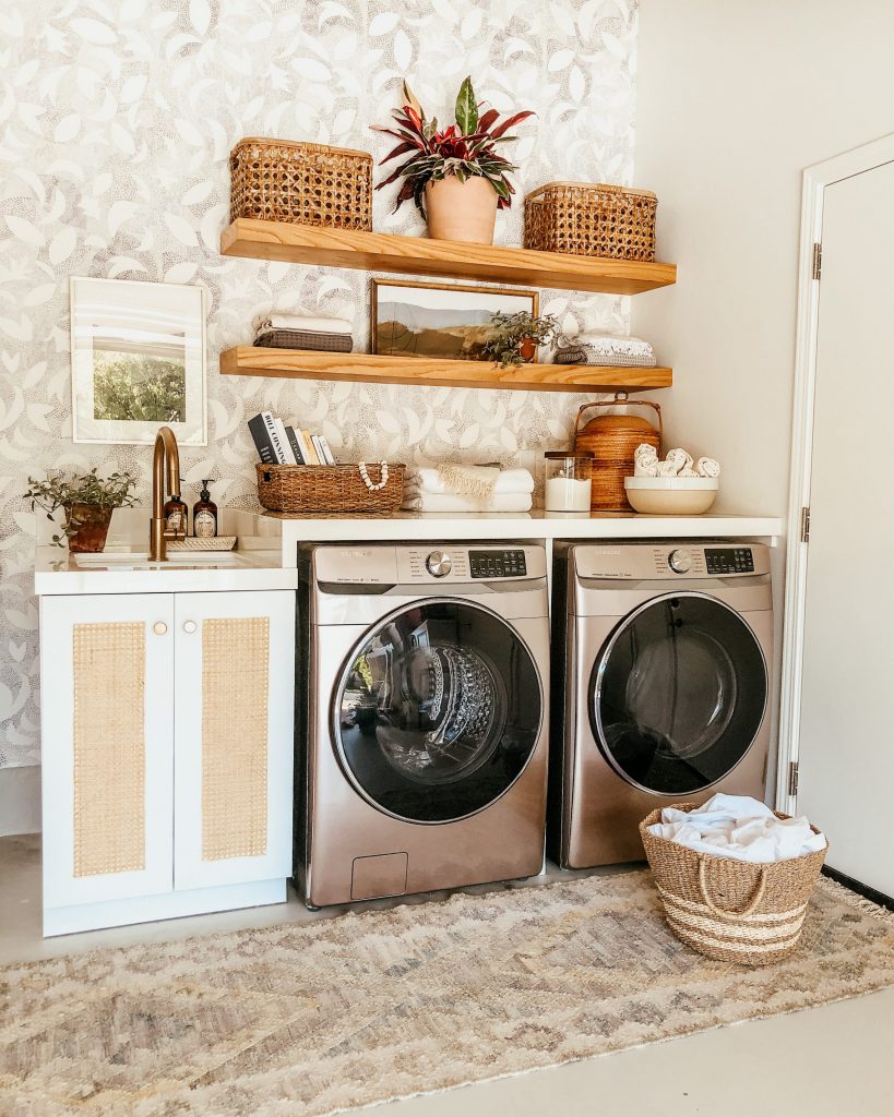 garage laundry room small space living wallpaper open shelving runner