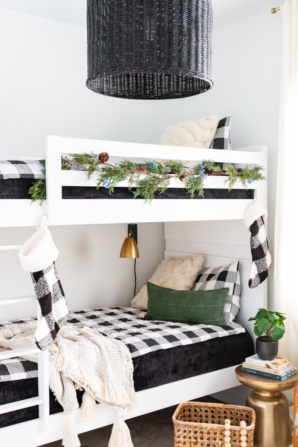 black and white buffalo plaid bedding bunk bed black pendant west elm brass table